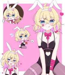 Rule 34 | ..., 1girl, :3, :d, :q, ahoge, animal ears, aqua eyes, arm ribbon, bare shoulders, black leotard, black pantyhose, blonde hair, blush, border, bow, bowtie, braid, breasts, chibi, chibi inset, closed mouth, clothing cutout, commentary request, cosplay, covered navel, cowboy shot, crossed bangs, detached sleeves, fake animal ears, fake tail, fang, flying sweatdrops, hair between eyes, hair bow, hair ornament, hatsune miku, hatsune miku (cosplay), head tilt, heart, heart-shaped pupils, heart cutout, highres, kirisame marisa, leotard, looking at viewer, medium hair, midriff, multiple views, open mouth, pantyhose, pink background, pink bow, pink bowtie, pink ribbon, playboy bunny, rabbit ears, rabbit hole (vocaloid), rabbit tail, red bow, ribbon, simple background, single braid, sitting, skindentation, small breasts, smile, solo, speech bubble, split mouth, spoken ellipsis, spoken heart, star (symbol), star hair ornament, symbol-shaped pupils, tail, thigh strap, thought bubble, tongue, tongue out, touhou, tsurime, v arms, vocaloid, wariza, white border, wrist bow, x hair ornament, yamutarou