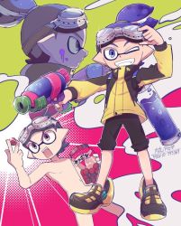 Rule 34 | 1boy, artist name, black shorts, blue eyes, blue hair, commentary request, convenient censoring, goggle-kun (splatoon), goggles, goggles on head, grin, hair tie, holding, holding weapon, ink tank (splatoon), jacket, long sleeves, looking at viewer, male focus, multiple views, nintendo, nude, paint splatter on face, paint splatter, pixiv id, pointy ears, profile, sharp teeth, shoes, short hair, shorts, smile, sparkle, splatoon (manga), splatoon (series), splattershot (splatoon), standing, teeth, tentacle hair, topknot, weapon, yellow footwear, yellow jacket