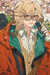 Rule 34 | 1boy, alhaitham (genshin impact), blonde hair, braid, brown hair, cherry blossoms, closed mouth, collared shirt, contemporary, flower, genshin impact, glasses, green jacket, hair ornament, hairpin, highres, holding, holding phone, jacket, kaveh (genshin impact), leaf, long hair, long sleeves, looking at viewer, male focus, misu 025, multicolored clothes, multicolored hair, multicolored jacket, phone, pink flower, red eyes, red jacket, shirt, side braid, solo, sweater, white shirt, yellow sweater