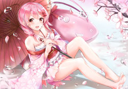Rule 34 | 1girl, :d, bare shoulders, barefoot, braid, cherry blossoms, floral print, flower, hair flower, hair ornament, hair over shoulder, halterneck, holding, holding umbrella, japanese clothes, kimono, long sleeves, looking at viewer, off shoulder, oil-paper umbrella, open mouth, petals, pink hair, red eyes, red ribbon, ribbon, ribbon trim, sergestid shrimp in tungkang, shadow, short kimono, simple background, single braid, sitting, smile, soles, solo, tailam, umbrella, water, wide sleeves, xuan ying