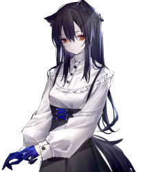 Rule 34 | 0 (znanimo), 1girl, absurdres, animal ear fluff, animal ears, arknights, black hair, black skirt, blue gloves, breasts, closed mouth, commentary, gloves, hair between eyes, half gloves, high-waist skirt, highres, long hair, long sleeves, looking at viewer, puffy long sleeves, puffy sleeves, red eyes, shirt, simple background, skirt, small breasts, solo, symbol-only commentary, texas (arknights), very long hair, white background, white shirt