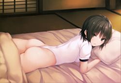 Rule 34 | 1girl, absurdres, aoyama sumika, ass, black hair, blanket, breasts, brown eyes, closed mouth, coffee-kizoku, eyes visible through hair, futon, highres, indoors, leotard, looking at viewer, lying, medium breasts, on stomach, original, pillow, scan, short hair, short sleeves, solo, tatami, thighs