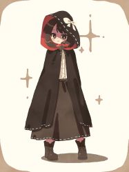 Rule 34 | 1girl, black cloak, black footwear, black skirt, blush stickers, boots, bow, bright pupils, brown eyes, brown hair, cloak, closed mouth, commentary, full body, hair bow, highres, hood, hood up, hooded cloak, medium hair, nama udon, red bow, red cloak, ribbon-trimmed cloak, ribbon-trimmed skirt, ribbon trim, shirt, skirt, smile, solo, sparkle, touhou, two-sided cloak, two-sided fabric, usami renko, white pupils, white shirt
