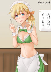 Rule 34 | 1girl, alternate costume, anti (untea9), apron, bikini, bikini top only, blonde hair, blue eyes, blunt bangs, bow, bowtie, breasts, detached collar, frilled apron, frills, green bikini, green bow, green bowtie, green skirt, hair bow, highres, indoors, kantai collection, long hair, looking at viewer, maid headdress, navel, open mouth, orange bow, shin&#039;you (kancolle), skirt, small breasts, solo, sweatdrop, swimsuit, twitter username, waist apron, white apron, wrist cuffs