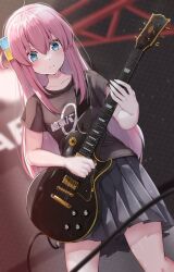 Rule 34 | 1girl, black skirt, blue eyes, bocchi the rock!, breasts, commentary request, cowboy shot, cube hair ornament, dutch angle, electric guitar, frown, gotoh hitori, guitar, hair ornament, highres, holding, holding guitar, holding instrument, instrument, miniskirt, music, one side up, pink hair, playing instrument, pleated skirt, shirt, skirt, small breasts, solo, stage, sweatdrop, t-shirt, v-shaped eyebrows, yami anko