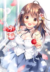 Rule 34 | 1girl, :d, ahoge, bare shoulders, blue bow, blue skirt, blush, bow, brown eyes, brown hair, commentary request, cup, disposable cup, drinking straw, flower, food, frilled skirt, frills, from above, fruit, hair flower, hair ornament, holding, holding cup, holding food, jacket, kokoa-chan (pan (mimi)), long hair, looking at viewer, off shoulder, open mouth, original, pan (mimi), petals, pink flower, skirt, sleeveless, smile, solo, standing, strawberry, very long hair, white flower, white jacket, window, yellow flower