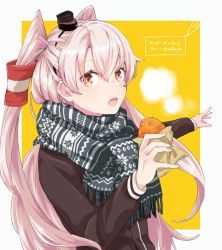 Rule 34 | 1girl, alakoala, amatsukaze (kancolle), border, brown dress, brown eyes, cowboy shot, dress, food, grey scarf, hair tubes, highres, kantai collection, long hair, open mouth, sailor dress, scarf, silver hair, smokestack hair ornament, solo, steam, taiyaki, two-tone background, two-tone scarf, two side up, wagashi, white border, yellow background