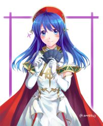 Rule 34 | 1girl, alternate costume, ane-suisei, blue eyes, blue hair, blush, blush stickers, card, dress, elbow gloves, fire emblem, fire emblem: the binding blade, fire emblem cipher, gloves, hat, holding, holding card, jewelry, lilina (fire emblem), long hair, matching hair/eyes, nintendo, playing games, short sleeves, simple background, smile, solo, twitter username, white background, white dress, white gloves