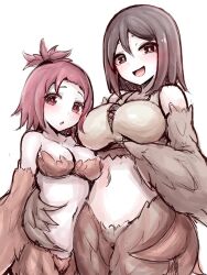 Rule 34 | 2girls, bottomless, breasts, brown hair, cleavage, crop top, feather bra, feathers, harpy, harpy twins (mon-musu quest!), highres, large breasts, mon-musu quest!, monster girl, multiple girls, ponytail, raichi (ddq0246), red hair, small breasts
