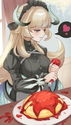 Rule 34 | 1girl, absurdres, black dress, blonde hair, blush, breasts, chamber dragonmaid, dragon girl, dragon horns, dragon tail, dress, duel monster, food, green eyes, highres, horns, ketchup, ketchup bottle, large breasts, long hair, long sleeves, maid, maid headdress, omelet, omurice, open mouth, senada37, smile, solo, tail, wings, yu-gi-oh!