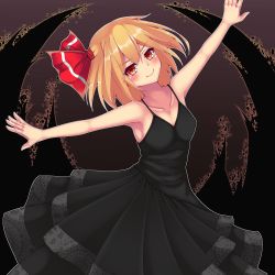 Rule 34 | 1girl, black dress, blonde hair, blush, breasts, darkness, dress, highres, kuroleo, looking at viewer, outstretched arms, red eyes, rumia, short hair, simple background, small breasts, smile, solo, spread arms, touhou