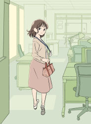 1girl absurdres bag bright_pupils brown_cardigan brown_hair brown_skirt cardigan chair full_body handbag highres id_card kojiro337 lanyard long_skirt looking_at_viewer looking_back medium_hair office office_chair original shirt skirt solo swivel_chair white_footwear white_pupils white_shirt