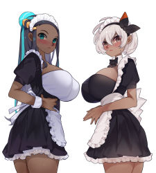 Rule 34 | 2girls, alternate breast size, alternate costume, apron, bea (pokemon), black bow, black dress, black hair, black neckwear, black ribbon, blue eyes, blue hair, blush, bow, bowtie, breasts, brown eyes, closed mouth, creatures (company), dark-skinned female, dark skin, dress, enmaided, forehead, frilled apron, frilled sleeves, frills, from behind, game freak, hair between eyes, hair bun, hair ornament, hair ribbon, hairclip, hand on own hip, huge breasts, large breasts, long hair, looking at viewer, looking back, maid, maid headdress, multicolored hair, multiple girls, nessa (pokemon), nintendo, nose blush, own hands together, pokemon, pokemon swsh, puffy short sleeves, puffy sleeves, ribbon, short hair, short sleeves, silver hair, simple background, single hair bun, sumisumii, two-tone hair, very long hair, waist apron, white apron, white background