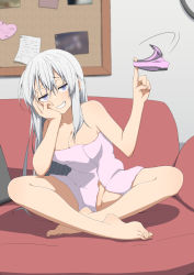 Rule 34 | 1girl, bad id, bad pixiv id, barefoot, blue eyes, breasts, cleavage, commentary request, couch, full body, grin, half-closed eyes, head rest, holding, holding clothes, holding panties, holding underwear, indian style, long hair, looking at viewer, naked towel, original, panties, partially visible vulva, pink panties, pink towel, salpin, sidelocks, sitting, smile, smug, solo, towel, twirling panties, underwear, unworn panties, white hair
