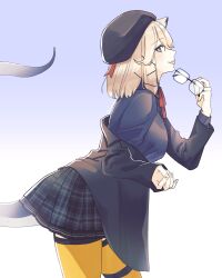 Rule 34 | 1girl, 222sansi, animal ear fluff, animal ears, arknights, beret, black hat, black skirt, blonde hair, breasts, cat ears, commentary request, fingernails, glasses, gradient background, hat, highres, jacket, lizard tail, long sleeves, medium breasts, medium hair, miniskirt, official alternate costume, open clothes, open jacket, purple background, purple eyes, skirt, solo, tail, thighhighs, tongue, tongue out, unworn eyewear, utage (arknights), utage (disguise) (arknights), white background, yellow thighhighs