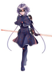 Rule 34 | 1girl, absurdres, ahoge, cable, capelet, circuit board print, commentary request, commission, crossed legs, cyborg, dress, energy sword, full body, highres, holding, holding lightsaber, holding weapon, kanogawa hiro, lightsaber, looking at viewer, mixed-language commentary, original, purple hair, red lightsaber, short hair, smile, solo, standing, sword, watson cross, weapon, weapon behind back, white background