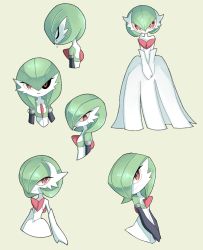 Rule 34 | 1girl, absurdres, aliasing, armlet, black gloves, black sclera, bob cut, bright pupils, closed mouth, colored sclera, colored skin, creatures (company), crying, dress, elbow gloves, female focus, flat chest, from side, full body, game freak, gardevoir, gen 3 pokemon, gloves, green background, green hair, green skin, hair between eyes, hair over one eye, happy, highres, ibuki (i b i 07k), jpeg artifacts, looking at viewer, mega gardevoir, mega pokemon, mega stone, mismatched sclera, multicolored skin, multiple views, nintendo, own hands together, parted lips, pokemon, pokemon (creature), red eyes, sad, short hair, simple background, smile, standing, straight-on, strapless, strapless dress, sweat, tears, two-tone skin, upper body, v arms, white dress, white gloves, white pupils, white skin