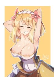 Rule 34 | 1girl, areola slip, armpits, arms behind head, blonde hair, border, breasts, cleavage, closed eyes, commentary, endro!, fai fai, hairband, highres, large breasts, no bra, outside border, short hair, signature, simple background, smile, solo, strapless, tilt-shift (azalanz), white border, yellow background