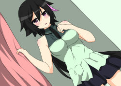 Rule 34 | 1girl, bare arms, black hair, blush, breasts, casual, curtain grab, curtains, dress, eyebrows hidden by hair, facing viewer, fitting room, genderswap, genderswap (mtf), hair between eyes, hand on own chest, hands up, highres, purple eyes, lie ren, long hair, looking at viewer, medium breasts, multicolored hair, nervous, parted lips, pink curtains, purple eyes, purple hair, recursive genderswap, rwby, shikniful, shy, skirt, sleeveless, sleeveless dress, solo, standing, tongue
