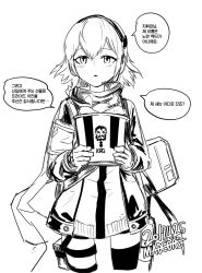 Rule 34 | 1girl, armband, artist name, bandana, berezovich kryuger (girls&#039; frontline), brand name imitation, bucket of chicken, commentary request, dated, food, girls&#039; frontline, headset, holding, holding food, jacket, kfc, korean commentary, korean text, logo parody, looking at viewer, madcore, monochrome, parted lips, pouch, scw (girls&#039; frontline), short hair, simple background, solo, tactical clothes, thigh pouch, translation request, white background