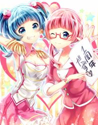 Rule 34 | 2girls, ;), blue eyes, blue hair, blush, bracelet, breasts, cleavage, epaulettes, glasses, grin, hair bobbles, hair ornament, highres, jewelry, large breasts, looking at viewer, medium hair, miniskirt, multicolored hair, multiple girls, nanasaki nicole, ntk (7t5), one eye closed, open mouth, paper, pink hair, pink skirt, rokusaki coney, semi-rimless eyewear, skirt, smile, teeth, text focus, tokyo 7th sisters, translated, twintails, two-tone hair