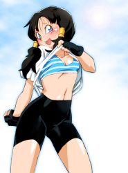 Rule 34 | 1girl, bike shorts, black hair, blue eyes, blush, bra, breasts, cleavage, clothes lift, dragon ball, dragonball z, fingerless gloves, gloves, lifting own clothes, long hair, midriff, navel, onnaski, open mouth, shirt lift, short hair, shorts, small breasts, smile, solo, twintails, underwear, videl