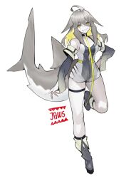 Rule 34 | 1girl, ahoge, baniran dorosu, bare shoulders, blonde hair, breasts, collar, colored inner hair, commentary, detached sleeves, facial mark, fins, fish tail, full body, grey footwear, grey hair, hair between eyes, hand on own hip, highres, jaws (movie), leash, leotard, light smile, looking at viewer, multicolored hair, parted lips, personification, shark girl, shark tail, sharp teeth, simple background, skindentation, small breasts, solo, symbol-only commentary, tail, teeth, white background, wide sleeves, yellow eyes