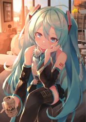 Rule 34 | 1girl, alcohol, bare shoulders, blue eyes, blue hair, can, closed mouth, detached sleeves, hatsune miku, highres, holding, holding can, long hair, looking at viewer, sitting, skirt, smile, takepon1123, thighhighs, twintails, vocaloid, wide sleeves, zettai ryouiki
