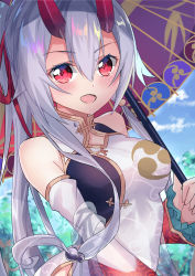 Rule 34 | 1girl, :d, absurdres, china dress, chinese clothes, detached sleeves, dress, fate/grand order, fate (series), highres, horns, long hair, mitsudomoe (shape), muragaki (sgxx4878), oil-paper umbrella, oni, open mouth, ponytail, red eyes, silver hair, smile, solo, tomoe (symbol), tomoe gozen (fate), tomoe gozen (traveling outfit) (fate), umbrella