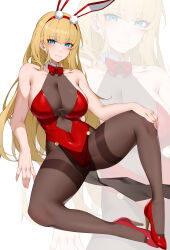 Rule 34 | 1girl, absurdres, alternate costume, animal ears, azur lane, blonde hair, blue eyes, bow, bowtie, breasts, center opening, cleavage, fake animal ears, full body, hand on own knee, high heels, highleg, highleg leotard, highres, large breasts, leotard, long hair, looking at viewer, necktie, north carolina (azur lane), pantyhose, pelvic curtain, playboy bunny, rabbit ears, red bow, red bowtie, red footwear, red leotard, red necktie, see-through, shoes, solo, strapless, strapless leotard, thighband pantyhose, wsfw