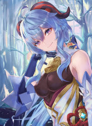 Rule 34 | 1girl, ahoge, bare shoulders, bell, blue gloves, blue hair, bow, breasts, chinese knot, detached sleeves, flower knot, ganyu (genshin impact), genshin impact, gloves, gold trim, highres, horns, long hair, looking at viewer, medium breasts, neck bell, purple eyes, r1n54234459, sidelocks, smile, solo, upper body, vision (genshin impact), white sleeves