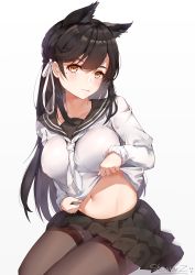 Rule 34 | 1girl, :q, animal ears, artist name, atago (azur lane), atago (school traumerei) (azur lane), atago (school traumerei) (azur lane), azur lane, black hair, black pantyhose, black sailor collar, black skirt, blush, breasts, brown eyes, closed mouth, clothes lift, hair ribbon, highres, large breasts, lifted by self, long hair, long sleeves, looking at viewer, midriff, miniskirt, mole, mole under eye, navel, neckerchief, pantyhose, pleated skirt, ribbon, sailor collar, school uniform, serafuku, showerz, simple background, sitting, skirt, smile, sweater, sweater lift, thighband pantyhose, tongue, tongue out, very long hair, white background, white neckerchief, white ribbon, white sweater