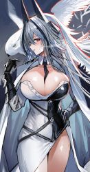 Rule 34 | 1girl, absurdres, asymmetrical clothes, asymmetrical coat, asymmetrical dress, azur lane, bird, black footwear, black straps, blush, boots, breasts, cleavage, coat, grey hair, hand on own hip, high heel boots, high heels, highres, horns, kaki z3, kursk (azur lane), large breasts, long hair, looking at viewer, mechanical horns, owl, red eyes, snow, solo, two-tone dress, very long hair, very long sleeves, white bird