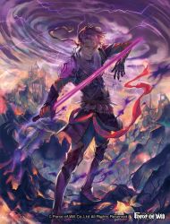 Rule 34 | 1boy, armor, armored boots, boots, castle, cloud, cloudy sky, copyright name, electricity, flower, force of will, gloves, long hair, low ponytail, male focus, official art, purple hair, red eyes, scar, sky, solo, sword, weapon, yayoi shiro