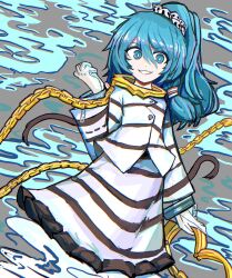 Rule 34 | 1girl, blue eyes, blue hair, chain, commentary request, cuffs, foul detective satori, frilled skirt, frills, ghost tail, gloves, gold chain, grin, hair ornament, hair tubes, handcuffs, highres, holding, holding handcuffs, long sleeves, medium hair, miyadeguchi mizuchi, ponytail, prison clothes, shackles, shirt, skirt, skirt set, skull hair ornament, smile, solo, striped clothes, striped shirt, striped skirt, stunionjy, touhou, white gloves