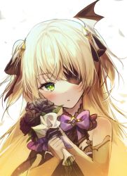 Rule 34 | 1girl, bare shoulders, black dress, blonde hair, blush, bow, dress, eyepatch, fischl (genshin impact), flower, genshin impact, green eyes, hair ornament, half-closed eye, highres, looking at viewer, parted lips, purple bow, sleeveless, sleeveless dress, solo, twintails, upper body, yampa