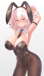 Rule 34 | 1girl, animal ears, armpits, arms behind head, azur lane, black leotard, blush, breasts, cleavage, collarbone, covered navel, cowboy shot, detached collar, fake animal ears, gatchapowa, highleg, highleg leotard, highres, large breasts, leotard, looking at viewer, necktie, pantyhose, playboy bunny, rabbit ears, red eyes, short hair, sirius (azur lane), solo, strapless, strapless leotard, white hair, wrist cuffs