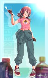 Rule 34 | 1girl, :d, alternate hairstyle, brown hair, gloves, green eyes, highres, jagi (jagi souken), jumpsuit, jumpsuit around waist, midriff, navel, open mouth, shoes, simple background, smile, sneakers, solo, toki ayano, twintails, wrench, yurucamp