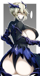 Rule 34 | ..., 1girl, absurdres, armor, armored boots, artoria pendragon (fate), artoria pendragon (lancer alter) (fate), ass, black bodysuit, blonde hair, bodysuit, boots, braid, breasts, cleavage, fate/grand order, fate (series), french braid, gauntlets, gin moku, hair between eyes, highres, horns, long hair, looking at viewer, looking back, navel, revealing clothes, ribbed bodysuit, shaded face, solo, underboob, yellow eyes