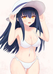 Rule 34 | 1girl, :d, absurdres, alternate costume, bare arms, bikini, black hair, black hairband, blush, breasts, cameltoe, cleavage, collarbone, commentary request, cowboy shot, curvy, eyelashes, eyes visible through hair, front-tie bikini top, front-tie top, hair between eyes, hairband, halterneck, hands up, hat, highres, kushima kamome, large breasts, long hair, looking at viewer, natuiroasu, navel, open mouth, pink background, side-tie bikini bottom, sidelocks, simple background, smile, solo, standing, stomach, straight hair, summer pockets, swimsuit, thigh gap, tsurime, white bikini, white headwear, yellow eyes