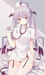 Rule 34 | 1girl, bed, black panties, breasts, buttons, commentary request, demon girl, demon tail, demon wings, double-breasted, garter straps, gloves, hand up, hat, head wings, hospital bed, long hair, looking at viewer, no pants, nurse cap, original, panties, parted lips, purple eyes, shirt, short sleeves, silver hair, sitting, small breasts, solo, stethoscope, tail, thighhighs, thighs, tsuzaki tsunomi, twintails, underwear, very long hair, white gloves, white shirt, white thighhighs, wings