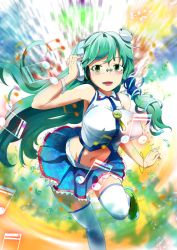 Rule 34 | 1girl, bracelet, breasts, frog hair ornament, glasses, green eyes, green hair, hair ornament, hair tubes, hand on headphones, headphones, impossible clothes, impossible shirt, jewelry, kochiya sanae, large breasts, long hair, matching hair/eyes, navel, shirt, sinzan, skirt, sleeveless, solo, thighhighs, touhou, white thighhighs