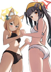 Rule 34 | 2girls, absurdres, animal ear fluff, animal ears, aoto mei, ass, black bra, black hair, black horns, black panties, blue archive, blush, bow, bow panties, bra, commentary, cowboy shot, demon horns, flower, from side, furrowed brow, fuuka (blue archive), hair flower, hair on horn, hair ornament, halo, head scarf, highres, holding hands, horns, interlocked fingers, long hair, looking at viewer, mari (blue archive), multiple girls, navel, orange hair, panties, parted lips, red eyes, red halo, simple background, sketch, thighs, underwear, underwear only, wavy mouth, white background, white bra, white flower, white panties, yellow halo, yellow headwear