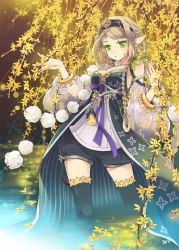 Rule 34 | 1girl, bare shoulders, blonde hair, braid, breasts, brown hair, cleavage, colored eyelashes, detached sleeves, feiwing, flower, forsythia, green eyes, hairband, light brown hair, long hair, original, pointy ears, pom pom (clothes), pumpkin pants, see-through, signature, solo, thighhighs, wading, water, zettai ryouiki