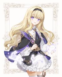 Rule 34 | 1girl, belt, blonde hair, breasts, cuffs, frilled skirt, frills, hairband, holding, holding quill, long hair, looking at viewer, neck ribbon, original, pouch, puffy sleeves, purple eyes, quill, rabbit, ribbon, skirt, small breasts, thigh pouch, thighhighs, white thighhighs, yuyuhi fine