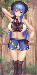 Rule 34 | 1girl, bare shoulders, black gloves, black hat, blue hair, blue skirt, boots, breasts, brown footwear, bush, bustier, closed mouth, clothes writing, food, fruit, gloves, hand on own hip, hat, highres, hinanawi tenshi, large breasts, leaf, long hair, midriff, miniskirt, necktie, panties, panty peek, peach, race queen, rainbow order, red eyes, red necktie, shounen (hogehoge), skirt, sleeveless, smile, solo, thigh boots, thighhighs, thighs, touhou, underwear, white panties