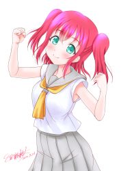 Rule 34 | 1girl, aqua eyes, artist name, artist request, blush, breasts, clenched hands, collarbone, female focus, green eyes, grey skirt, hair between eyes, highres, kurosawa ruby, long hair, looking at viewer, love live!, love live! sunshine!!, medium breasts, miniskirt, nanase tatsuki (aurora illusion), neckerchief, parted lips, pleated skirt, red hair, sailor collar, school uniform, shirt, short hair, short sleeves, skirt, smile, solo, twintails, two side up, uranohoshi school uniform, white background, white shirt, yellow neckerchief