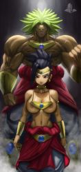 Rule 34 | 1boy, 1girl, absurdres, asymmetrical bangs, black hair, breasts, broly, broly (cosplay), broly (dragon ball z), cosplay, dragon ball, dragon ball super, elite nappa, facing viewer, gold, green hair, grin, height difference, high ponytail, highres, jewelry, kale (dragon ball), large breasts, looking at viewer, medium breasts, muscular, muscular male, navel, nipples, short hair, shy, smile, spiked hair, standing, super saiyan, topless, veins, veiny arms