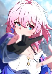 Rule 34 | 1girl, archery shooting glove, bare shoulders, black gloves, blue eyes, blue jacket, blurry, blurry background, blurry foreground, bra strap, buttons, depth of field, dress shirt, earrings, ecliygame, finger frame, gloves, highres, honkai: star rail, honkai (series), jacket, jewelry, long sleeves, march 7th (honkai: star rail), multicolored clothes, multicolored jacket, partially fingerless gloves, pink eyes, pink hair, purple jacket, shirt, short hair, single earring, single glove, solo, two-tone eyes, underbust, upper body, v-shaped eyebrows, white shirt