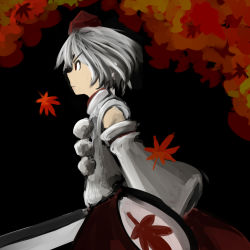 Rule 34 | &gt;:(, 1girl, animal ears, autumn leaves, bare shoulders, black background, detached sleeves, from side, frown, hat, highres, inubashiri momiji, japanese clothes, leaf, long sleeves, looking away, maple leaf, nanachise7, pom pom (clothes), red eyes, ribbon-trimmed sleeves, ribbon trim, shield, short hair, simple background, skirt, solo, sword, tokin hat, touhou, upper body, v-shaped eyebrows, weapon, white hair, wide sleeves